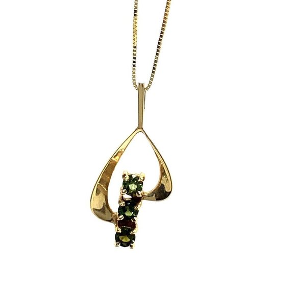 14K Yellow Gold Pendant 3 Green Gemstones Kids Women's Necklace 16'' Cha…